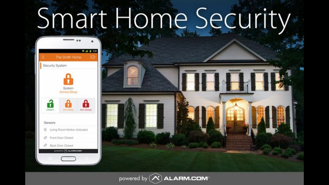 White colonial house with the image of the Alarm.com user interface.
